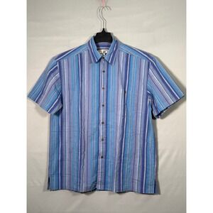 Caribbean Joe Mens Striped Button Up Shirt Blue Green Large‎ Cotton Blend Casual